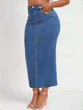 Women High-Waisted Stretch Denim Midi Skirt with Visible Center Seam and Five-Pocket Design Fashion Glam
