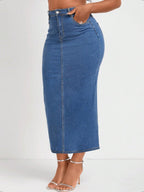Women High-Waisted Stretch Denim Midi Skirt with Visible Center Seam and Five-Pocket Design Fashion Glam