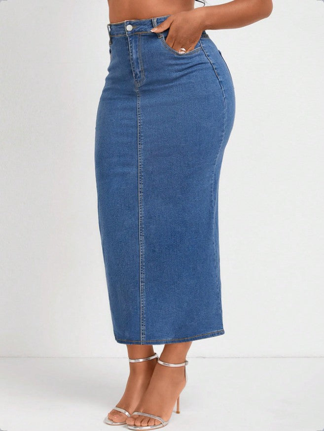 Women High-Waisted Stretch Denim Midi Skirt with Visible Center Seam and Five-Pocket Design Fashion Glam