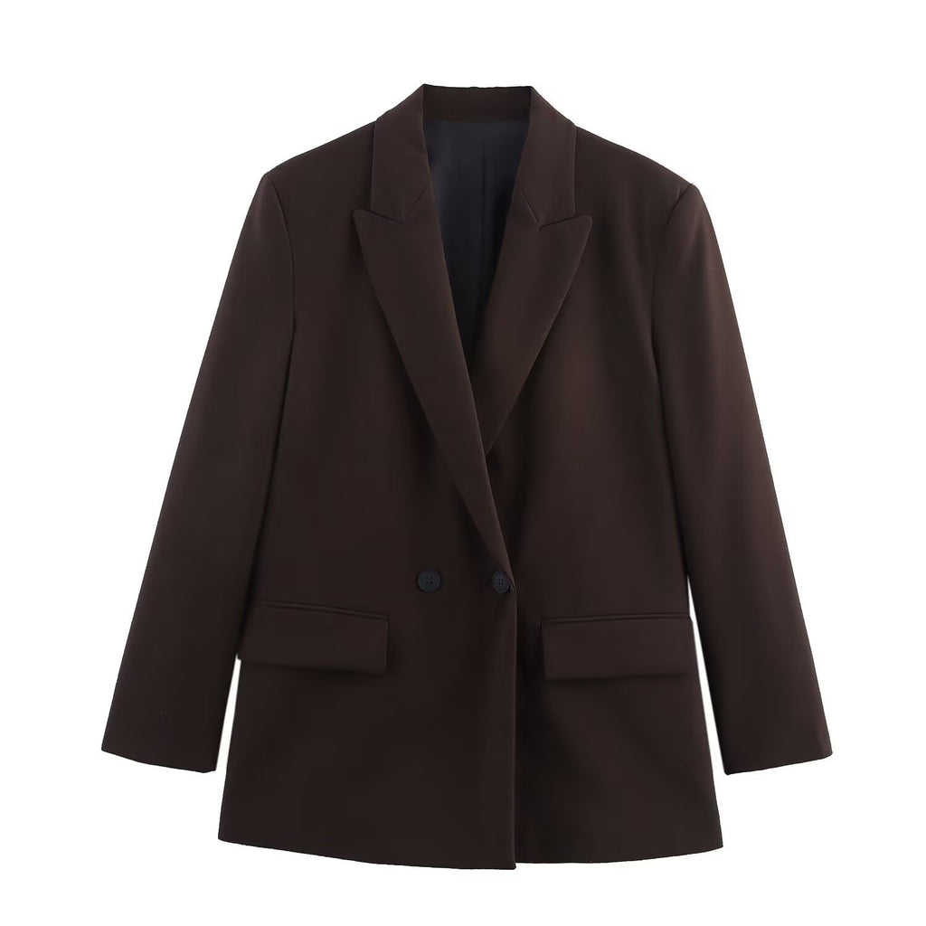 Women's Double-Breasted Blazer with Lapel Collar, Longer Oversized Cut and Flap Pockets Fashion Glam