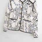 Women's Quilted Short Jacket with Paisley Flower Print, Round Neckline and Contrast Piping Fashion Glam