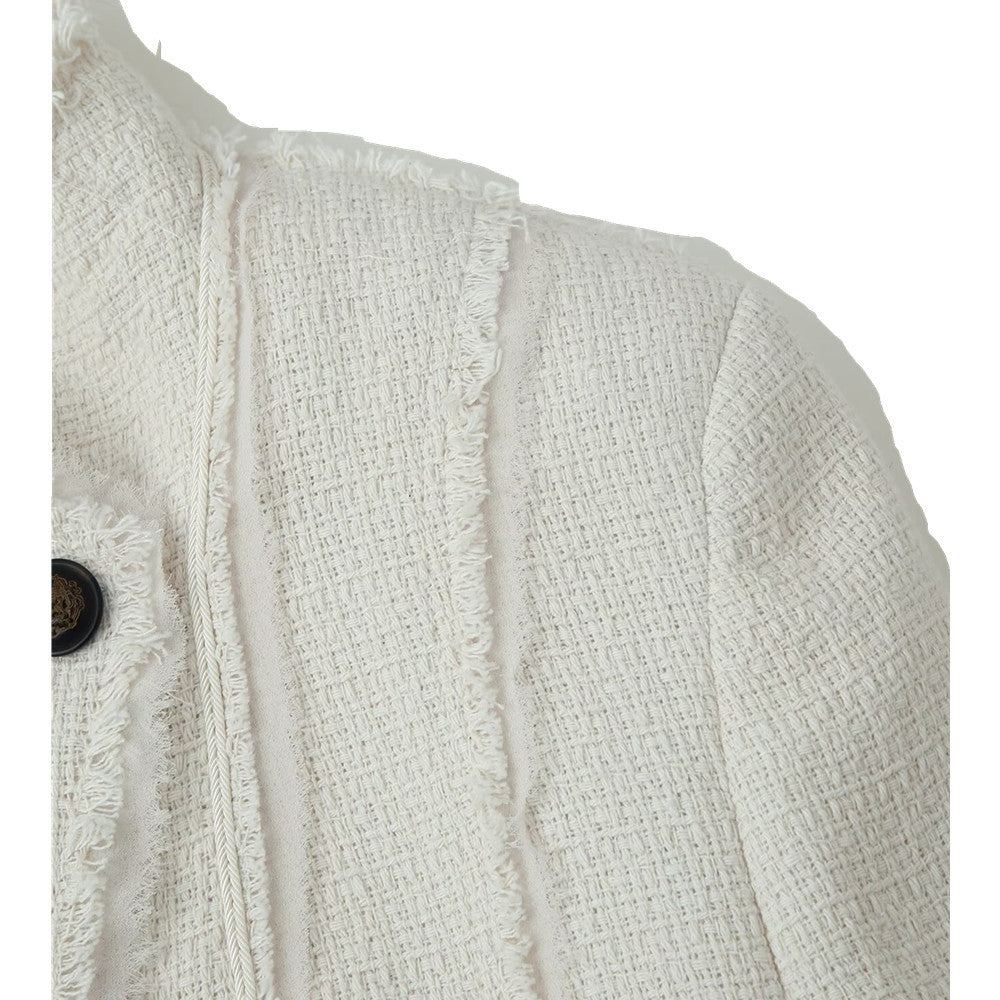 Women Boucle Blazer with Stand Collar, Asymmetrical Closure and Fringed Hem Fashion Glam