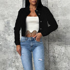 Women short-cut fitted denim jacket with full button placket and shirt collar Fashion Glam