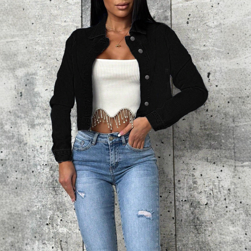 Women short-cut fitted denim jacket with full button placket and shirt collar Fashion Glam