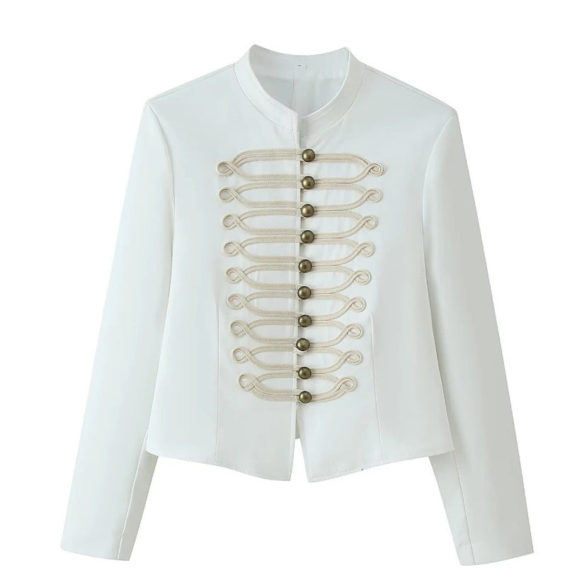 Women Military Inspired Short Stand Collar Jacket with Decorative Cords and Brass Buttons Fashion Glam