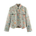 Women's Embroidered Jacquard Short Jacket with Mandarin Collar and Flap Pockets Fashion Glam