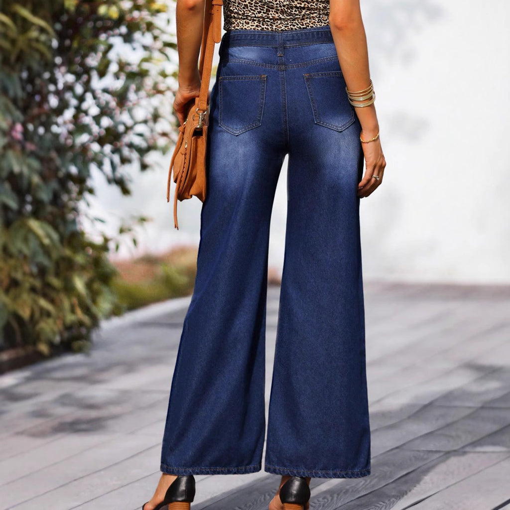 Women High-waisted wide jeans with bow waistband and patch pockets Fashion Glam