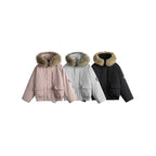 Women's short bomber jacket with thermal padding, hood with removable faux fur and utility pockets Fashion Glam