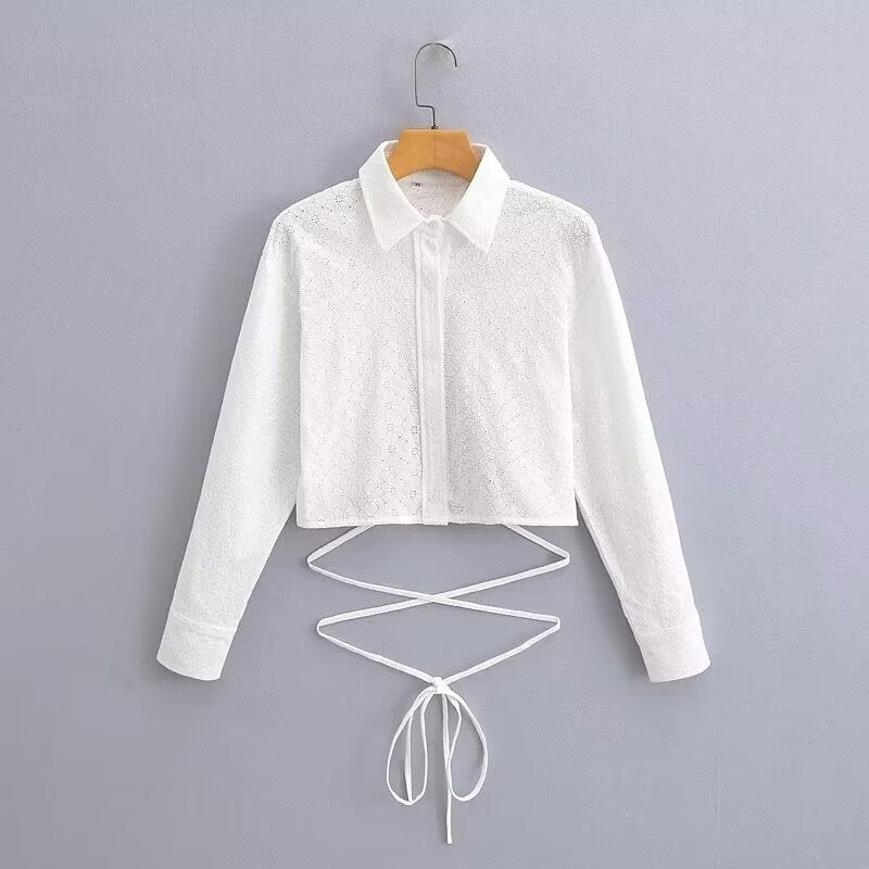 Women's Short-Cut Eyelet Embroidery Blouse with Shirt Collar and Long Ties Fashion Glam