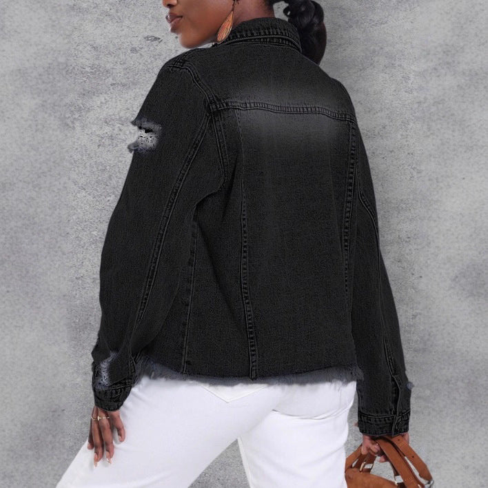 Women's Distressed Denim Jacket with Frayed Hem and Relaxed Fit Fashion Glam
