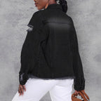 Women's Distressed Denim Jacket with Frayed Hem and Relaxed Fit Fashion Glam