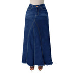 Women’s high-waisted A-line denim maxi skirt with decorative seams and raw fringe hem Fashion Glam