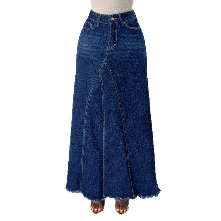 Women’s high-waisted A-line denim maxi skirt with decorative seams and raw fringe hem Fashion Glam