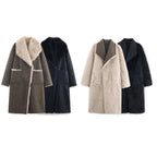 Women Longer Reversible Faux Fur Coat with Oversized Shawl Collar and Patch Pockets Fashion Glam