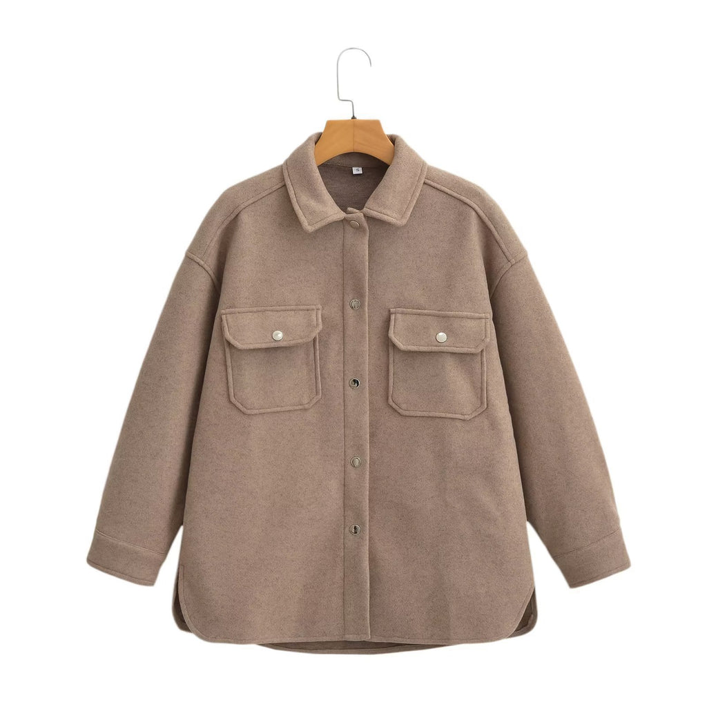Women's Oversize Wool Blend Shirt Jacket with Snap Button Closure and Applied Flap Pockets Fashion Glam