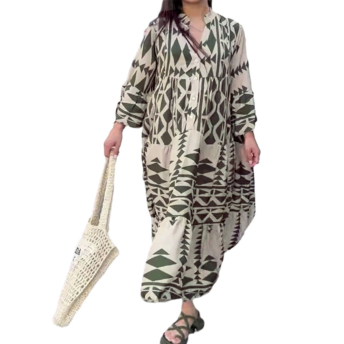 Women's Loose Maxi Dress in Boho Style with Graphic Print, V-Neck and Button Placket Fashion Glam