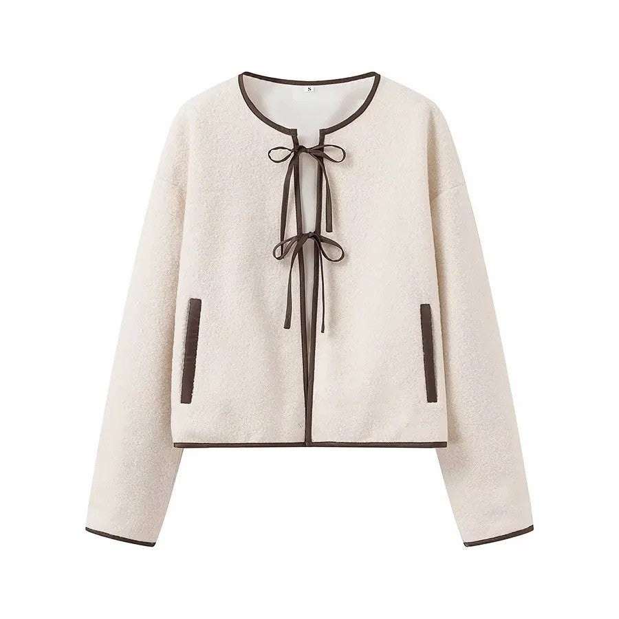 Women's short jacket in teddy look with decorative ribbons and contrasting piping Fashion Glam