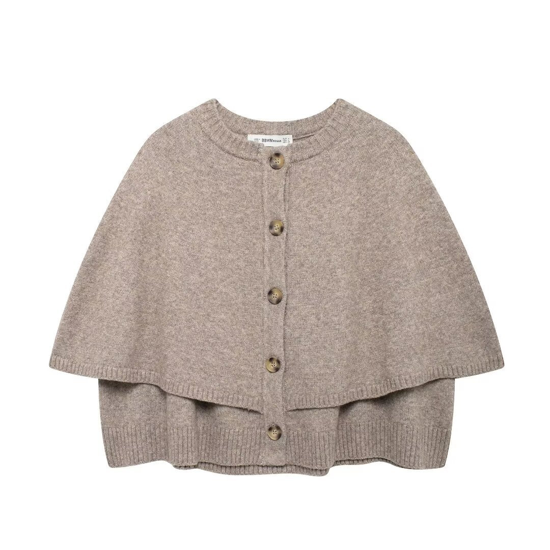 Women Cape Cardigan with Button Placket and Two-Layer Cape Fashion Glam