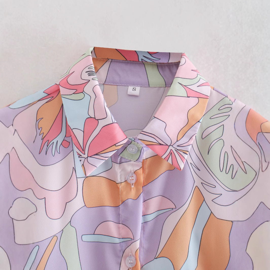 Women Oversize Shirt Blouse with Abstract Allover Print, Lightweight Chiffon Top, Long Sleeves Fashion Glam