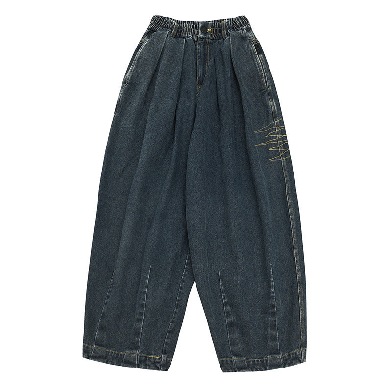 Ladies Wide Denim Pants with Pleats, Elastic Waistband and Casual Silhouette Fashion Glam