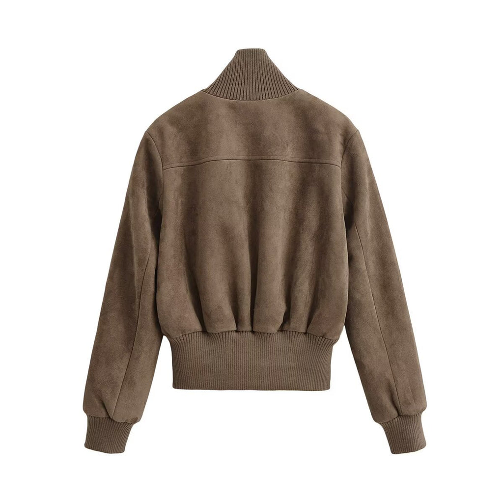 Women Short Cut Suede Look Bomber Jacket with Stand-Up Collar and Large Flap Pockets Fashion Glam