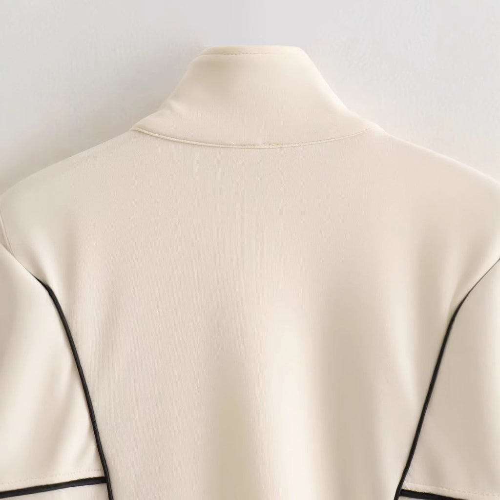 Women's Boxy Oversize Bomber Jacket with Contrast Piping and Stand-Up Collar Fashion Glam