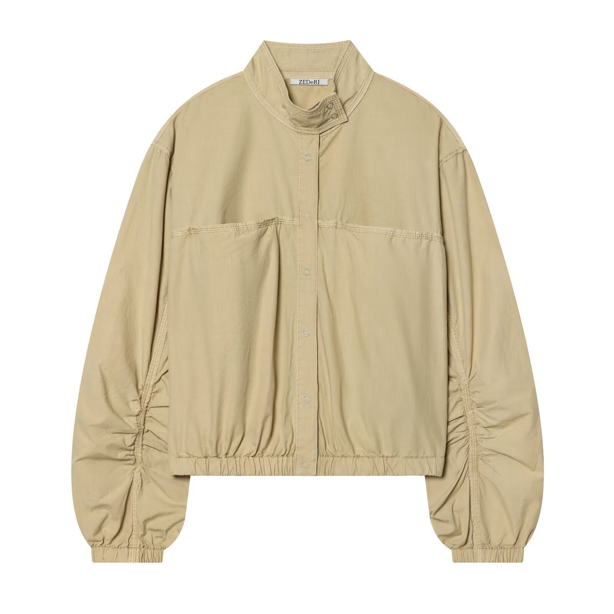 Women's Cropped Bomber Jacket with Stand-Up Collar, Snap Button Placket and Gathered Sleeves Fashion Glam