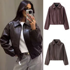 Women's Cropped Faux Leather Blouson with Shirt Collar, Elastic Hem and Zipper Fashion Glam