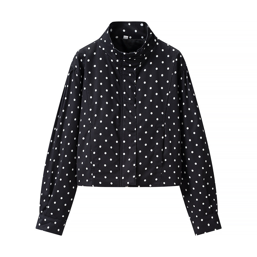 Women's short dotted jacket in blouson style with stand-up collar and balloon sleeves Fashion Glam