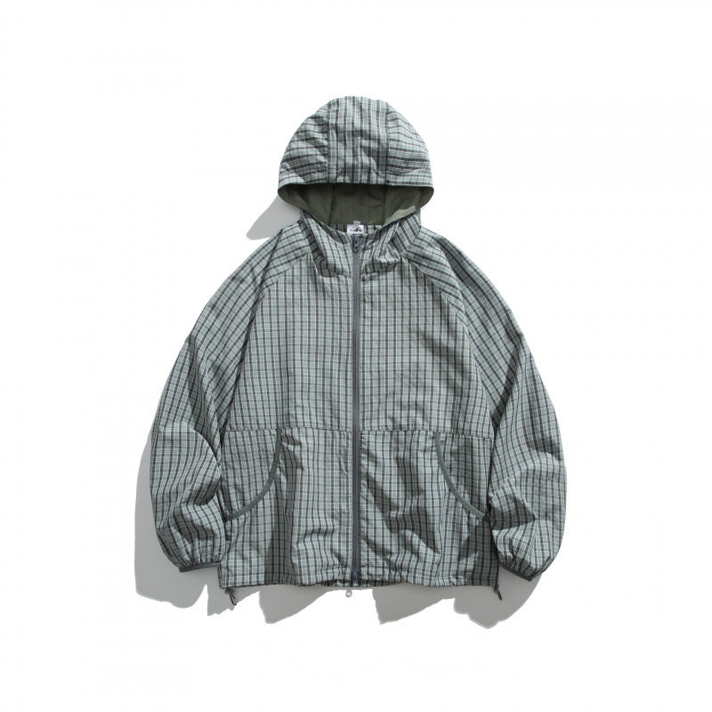 Unisex Lightweight Checked Windbreaker Jacket with Hood, Raglan Sleeves, and Drawstring Fashion Glam