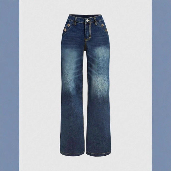 Women's high-waisted wide denim trousers with decorative button placket and casual flare Fashion Glam