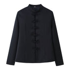 Women Tailored Mandarin Blazer with Frog Buttons and Shaping Darts Fashion Glam