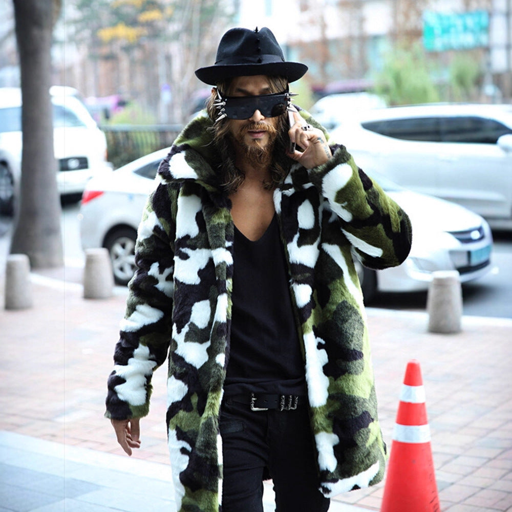 Men's camouflage faux fur coat with long cut and oversized silhouette Fashion Glam