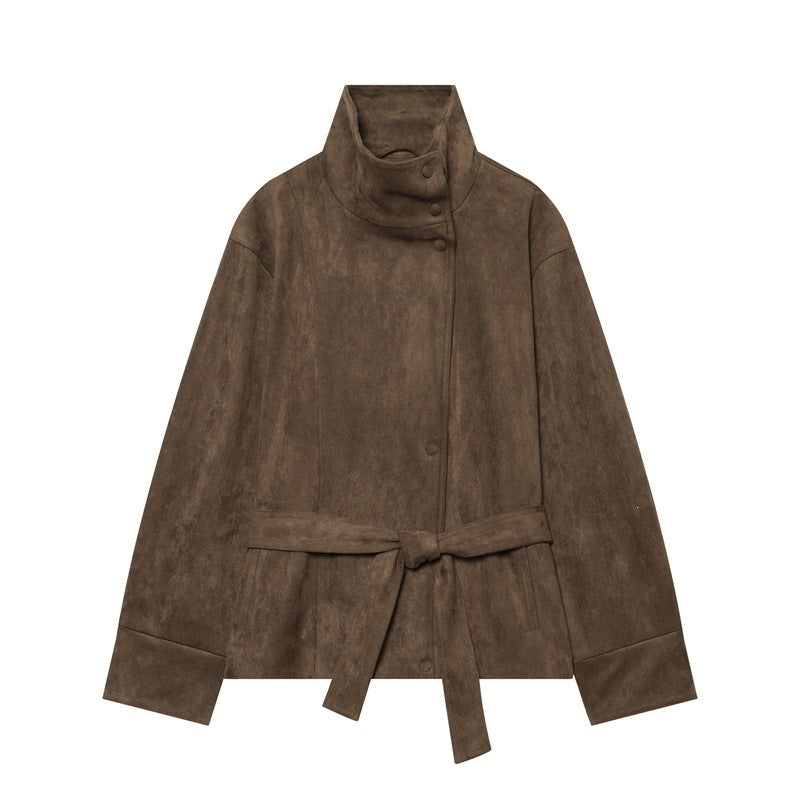 Women's short jacket in boxy cut made of suede look with high stand-up collar and tie belt Fashion Glam