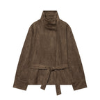 Women's short jacket in boxy cut made of suede look with high stand-up collar and tie belt Fashion Glam