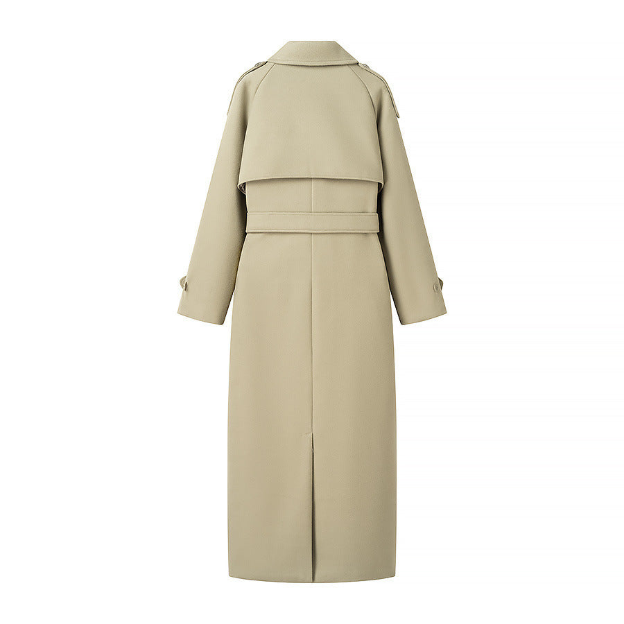 Women's maxi-length wool blend trench coat with belted tie, double-breasted button placket and shoulder epaulettes Fashion Glam