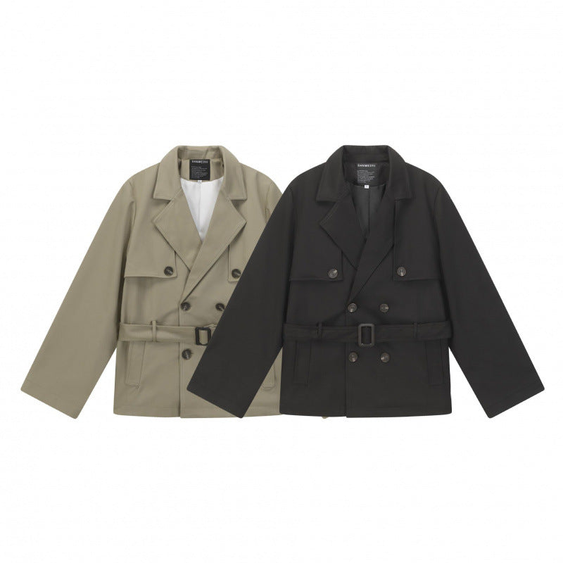 Unisex Short Double Blouson Trench Coat with Waist Belt and Boxy Silhouette Fashion Glam