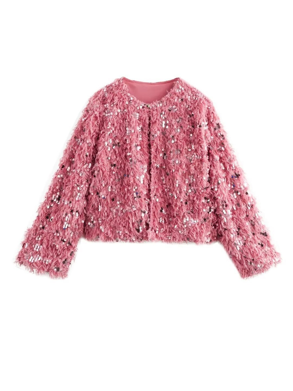 Women's Cropped Jacket made of fluffy Faux Fur with sequin trim Fashion Glam