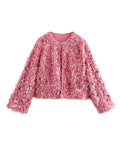 Women's Cropped Jacket made of fluffy Faux Fur with sequin trim Fashion Glam