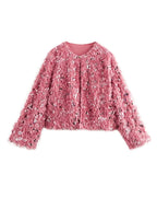 Women's Cropped Jacket made of fluffy Faux Fur with sequin trim Fashion Glam