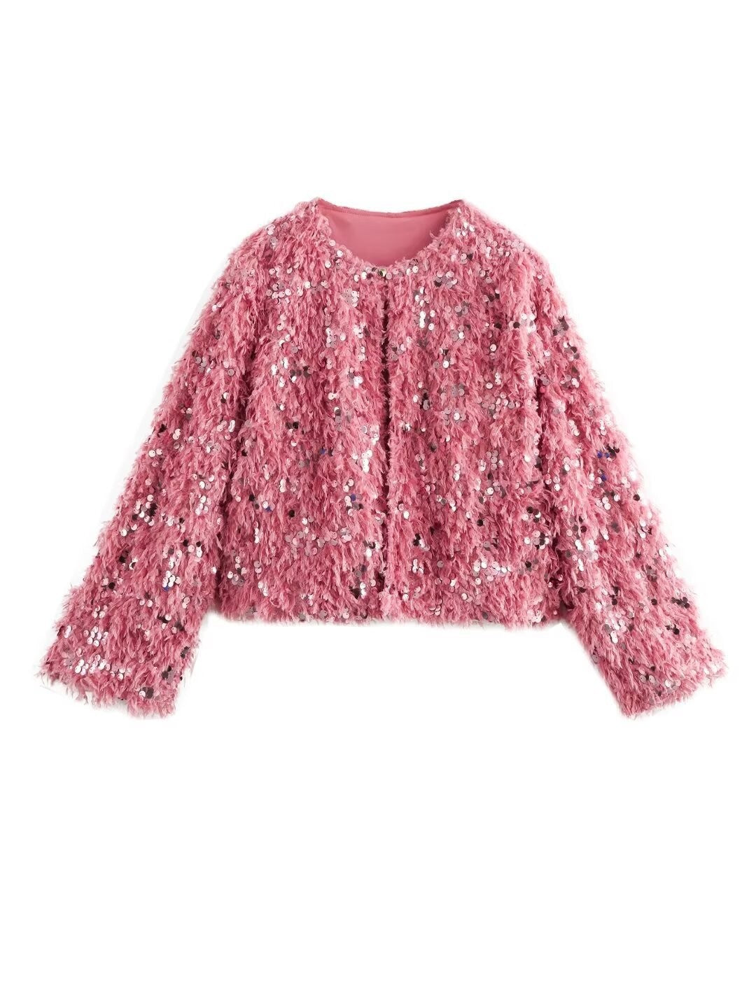 Women's Cropped Jacket made of fluffy Faux Fur with sequin trim Fashion Glam