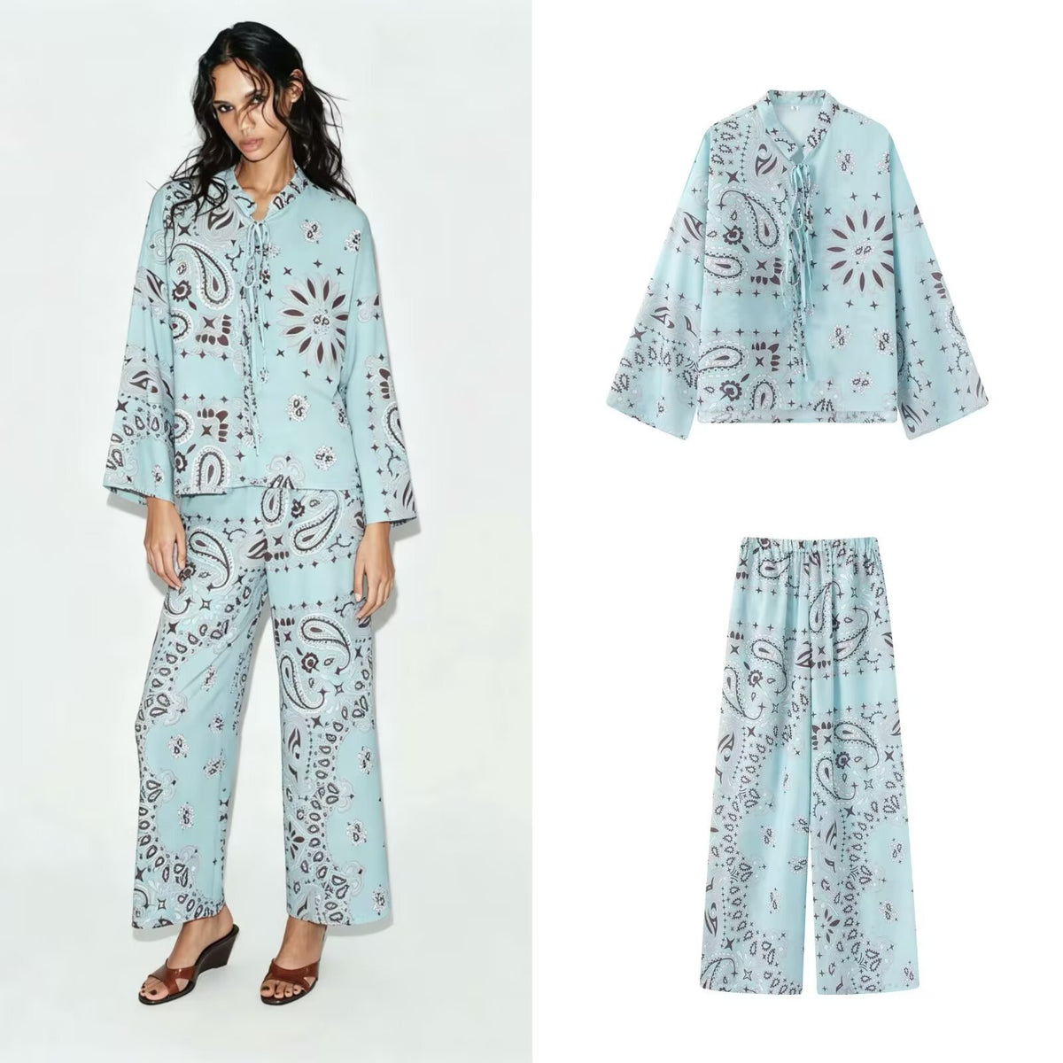 Women Wide Palazzo Pants with Paisley Print, High Waist and Elastic Drawstring Fashion Glam