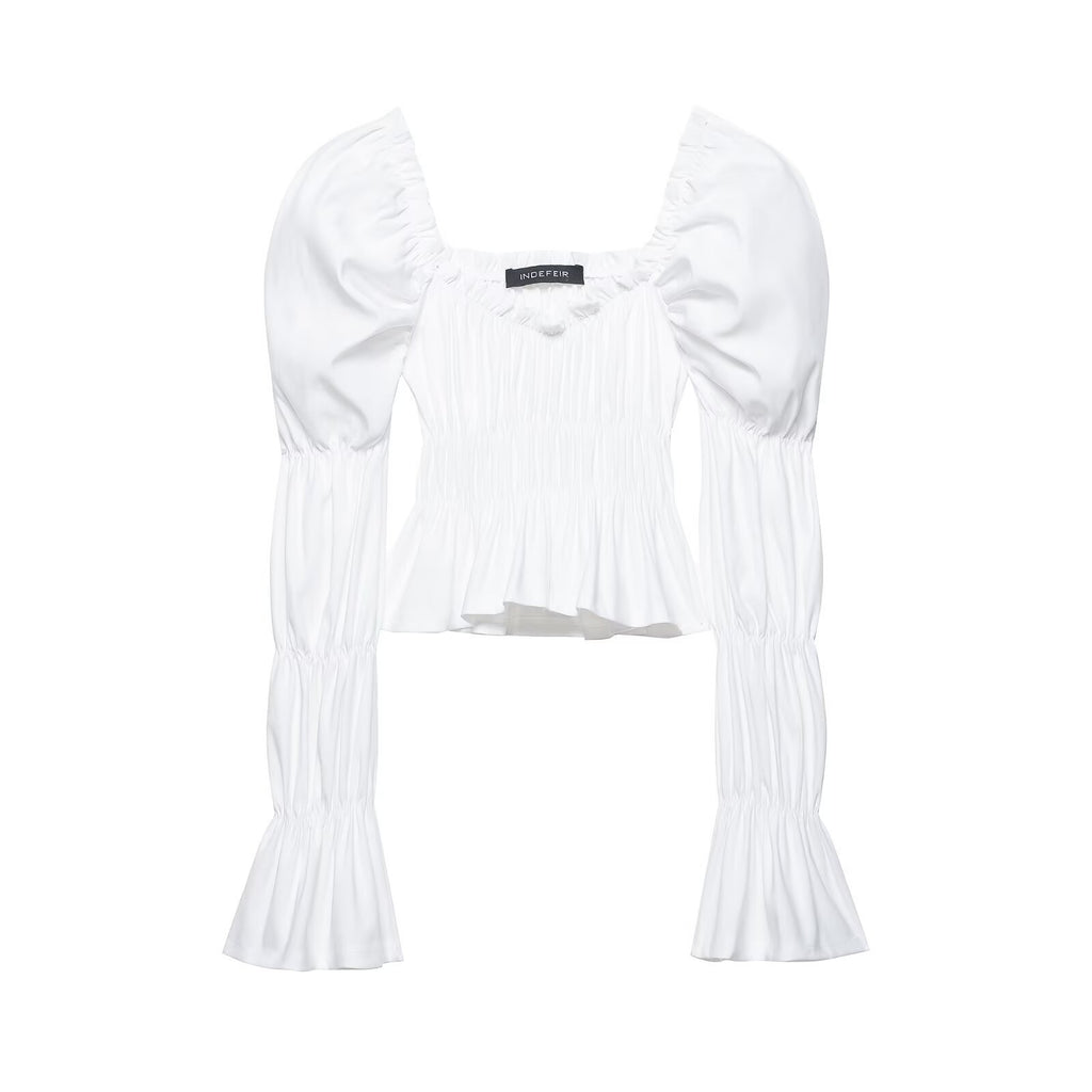 Women's Ruched Carmen Crop Top with Puff Sleeves, Smocked Waist and Tiered Sleeves Fashion Glam