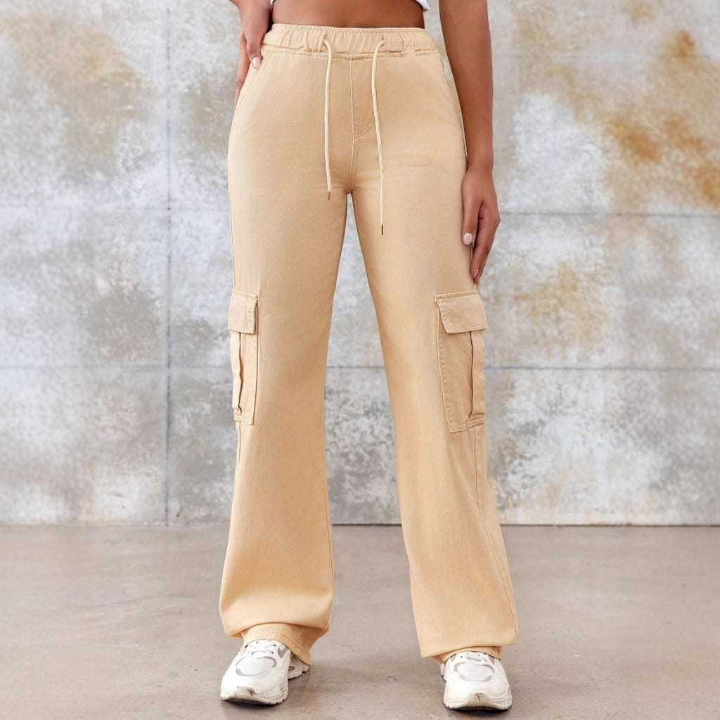 Women's High-Waisted Cargo Sweatpants with Wide Legs and Patch Pockets Fashion Glam