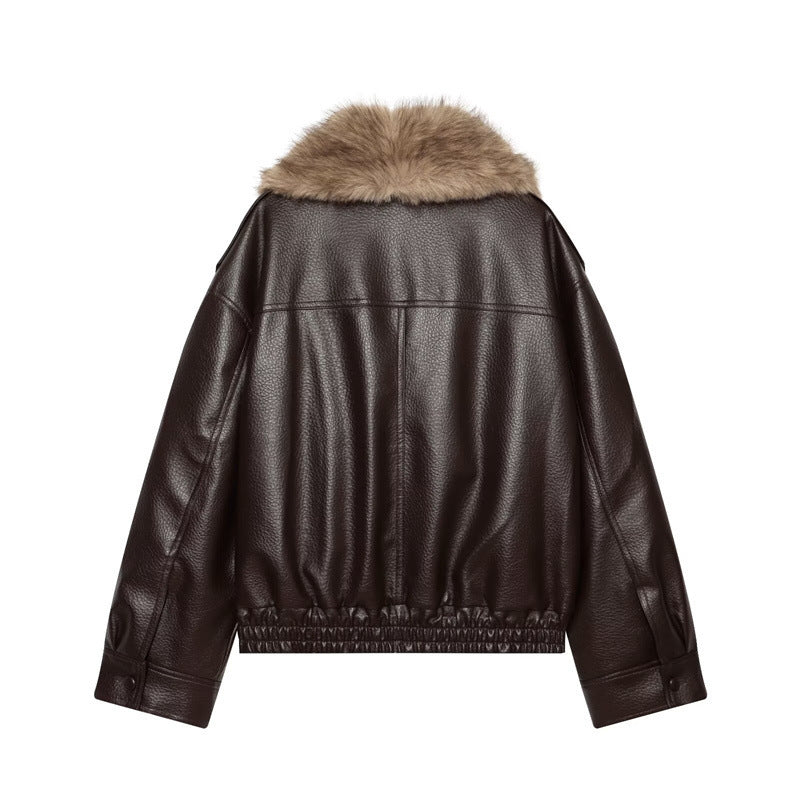Women’s short-cut leather jacket with full fur collar and elastic hem Fashion Glam