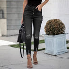 Women's High-Waisted Skinny Jeans with Visible Button Placket, Destroyed Knee Areas, and Raw Ankle Hem Fashion Glam