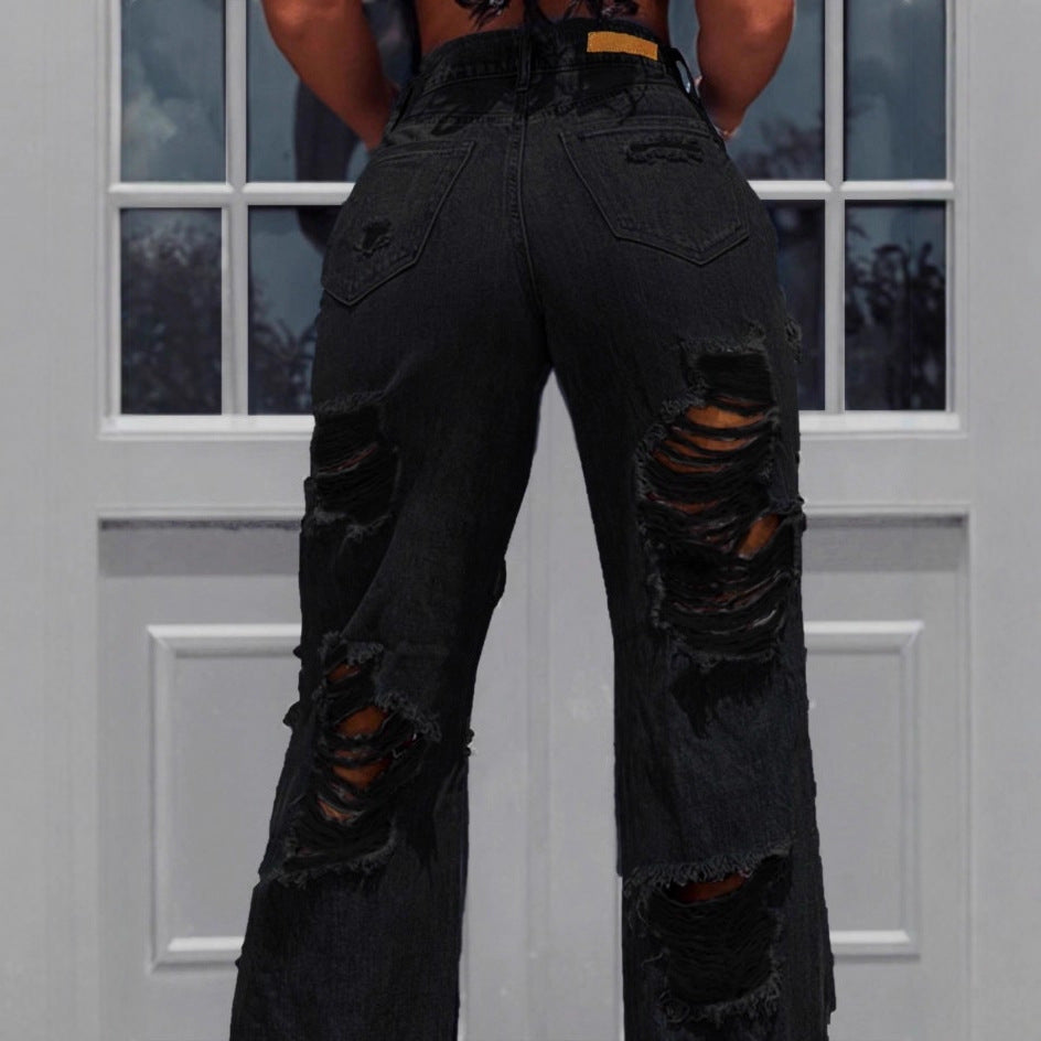 Ladies high-waisted destroyed jeans with wide legs and large knee rips Fashion Glam