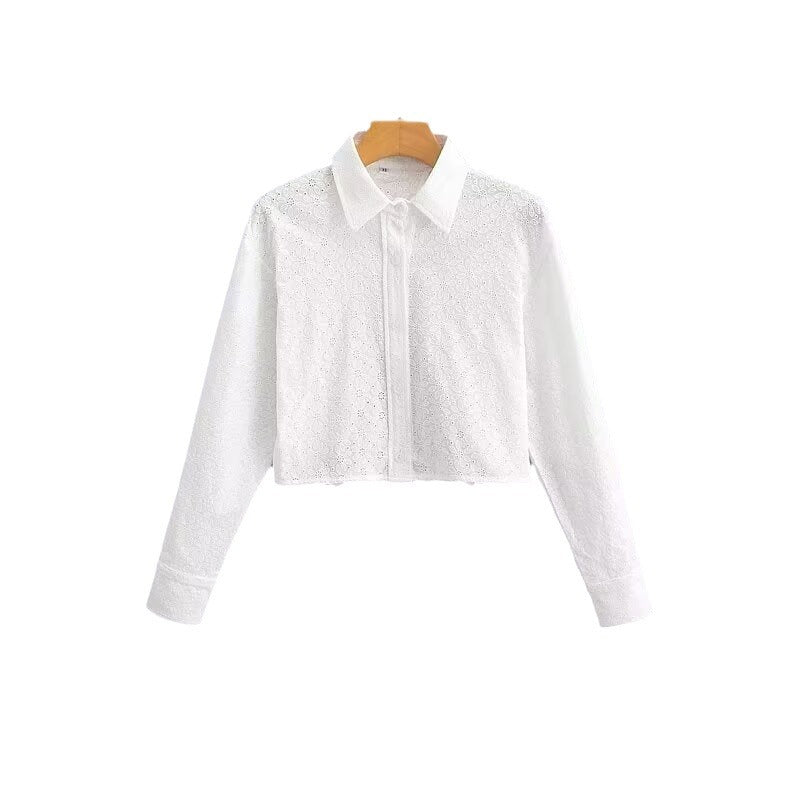 Women's Short-Cut Eyelet Embroidery Blouse with Shirt Collar and Long Ties Fashion Glam