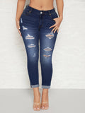 Women's High-Waisted Skinny Jeans with Destroyed Inserts and Cuffed Hem Fashion Glam
