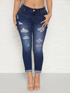 Women's High-Waisted Skinny Jeans with Destroyed Inserts and Cuffed Hem Fashion Glam